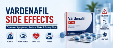 Vardenafil side effects infographic showing common symptoms, serious risks, and safety tips for men using vardenafil for erectile dysfunction.